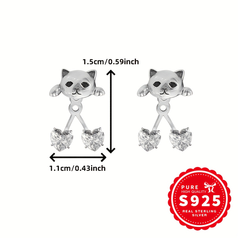 Women's S925 Sterling Silver Cat with Double Hearts Drop Earrings